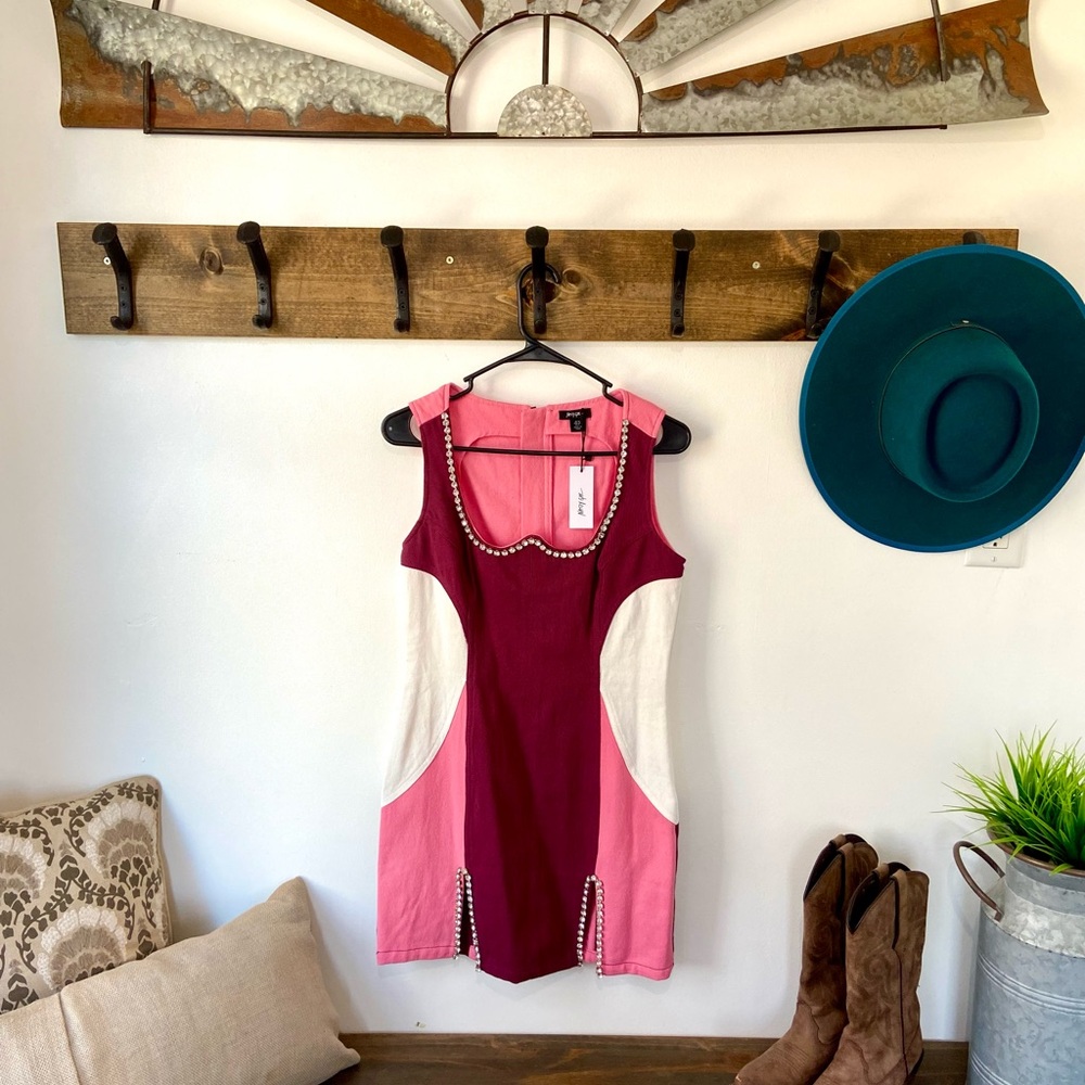 Nasty Gal - Color Block Diamanté Trim Denim Mini Dress *NWT